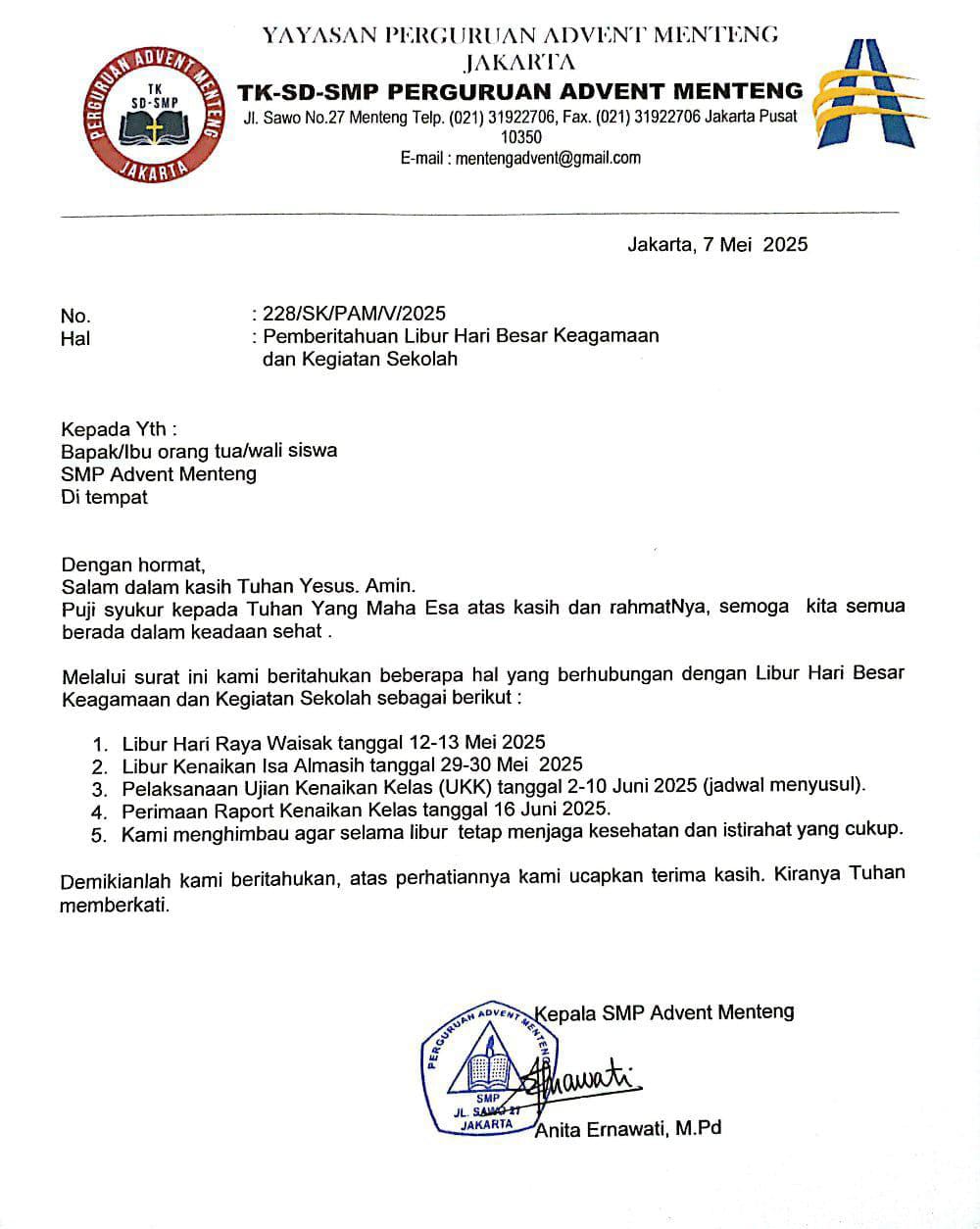 Pengumuman Hari-hari Libur Sekolah Advent Menteng Mei-Juni 2025