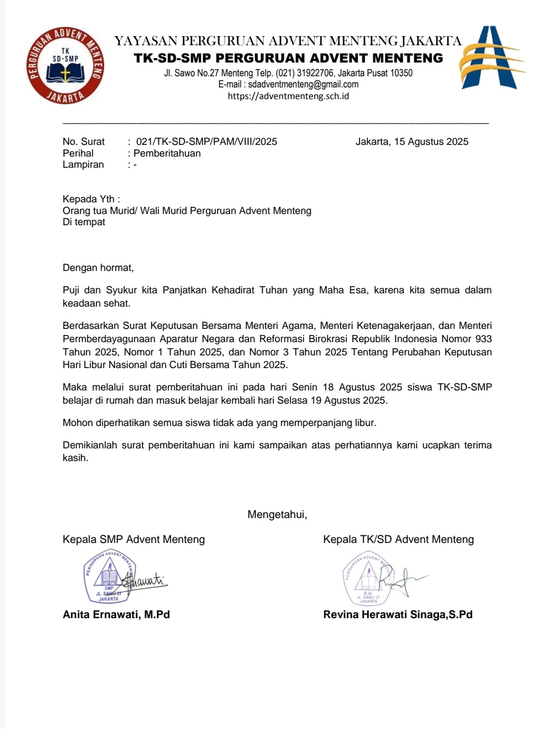 Pemberitahuan Libur Sekolah 18 Agustus 2025