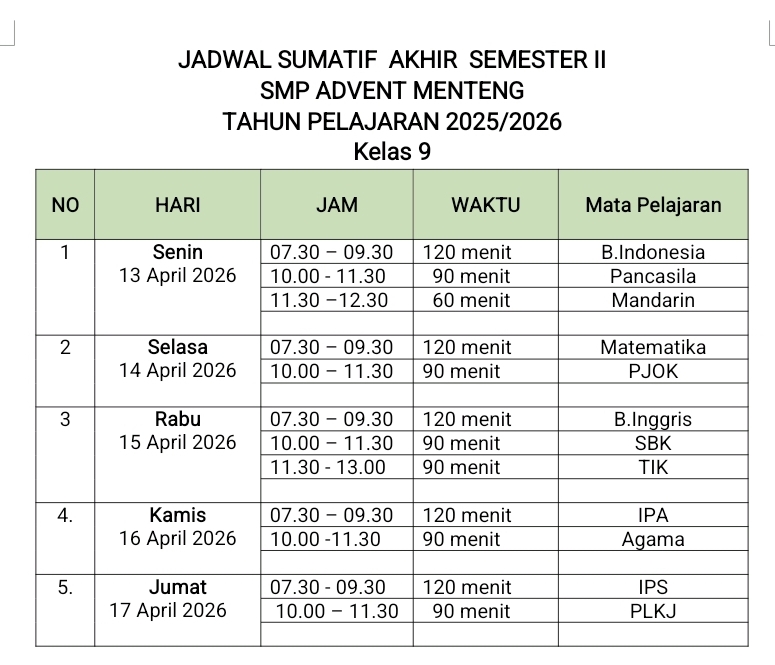 Jadwal Ujian Sumatif 2025/2026
