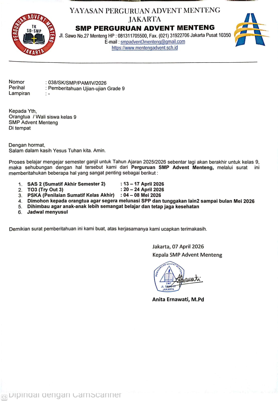 Ujian Sumatif Kelas 9 SMP Advent Menteng