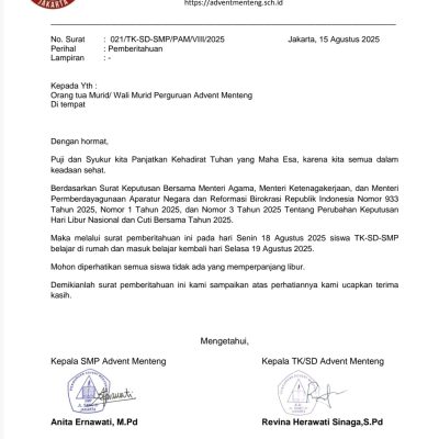 Pemberitahuan Libur Sekolah 18 Agustus 2025