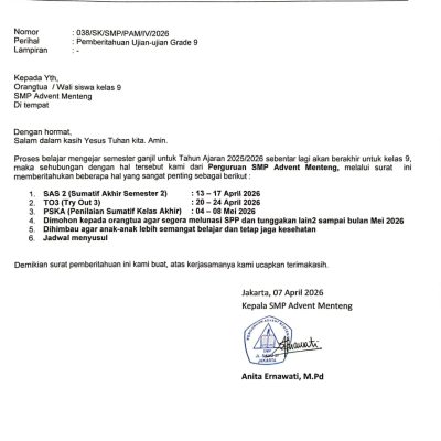 Ujian Sumatif Kelas 9 SMP Advent Menteng