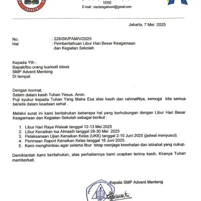 Pengumuman Hari-hari Libur Sekolah Advent Menteng Mei-Juni 2025